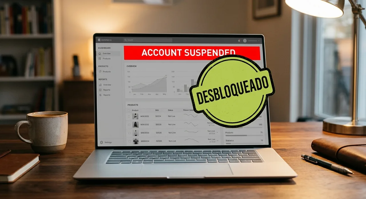 Tela do Google Merchant Center com aviso de conta suspensa