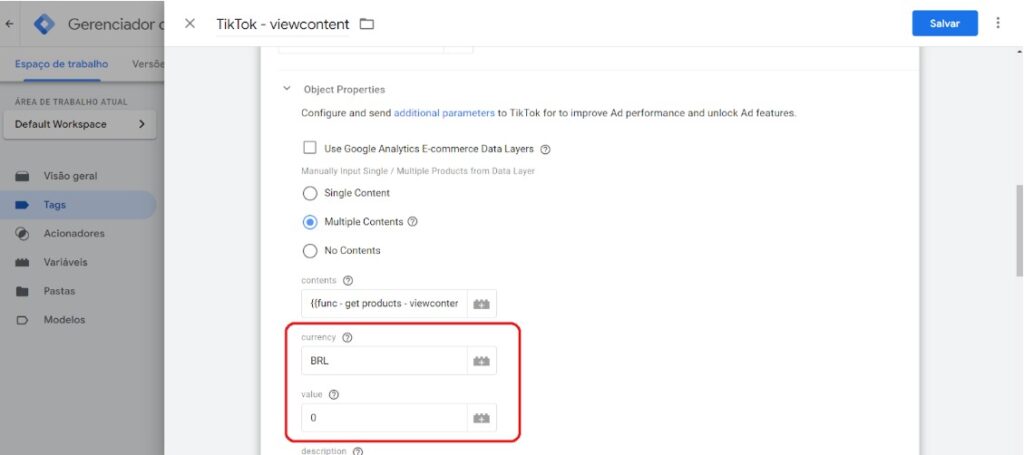 TikTok na Nuvemshop: Tutorial completo! 26 Google Tag Manager - evento viewcontent - passo 8
