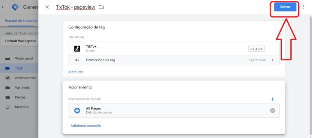 Google Tag Manager - instalar código base TikTok passo 8