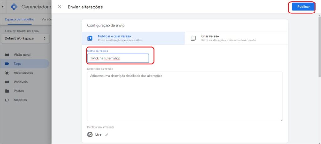 TikTok na Nuvemshop: Tutorial completo! 33 Google Tag Manager - publicar - passo2