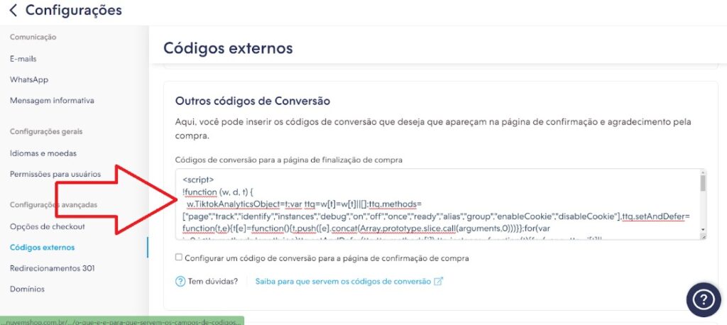 Nuvemshop painel - códigos externos