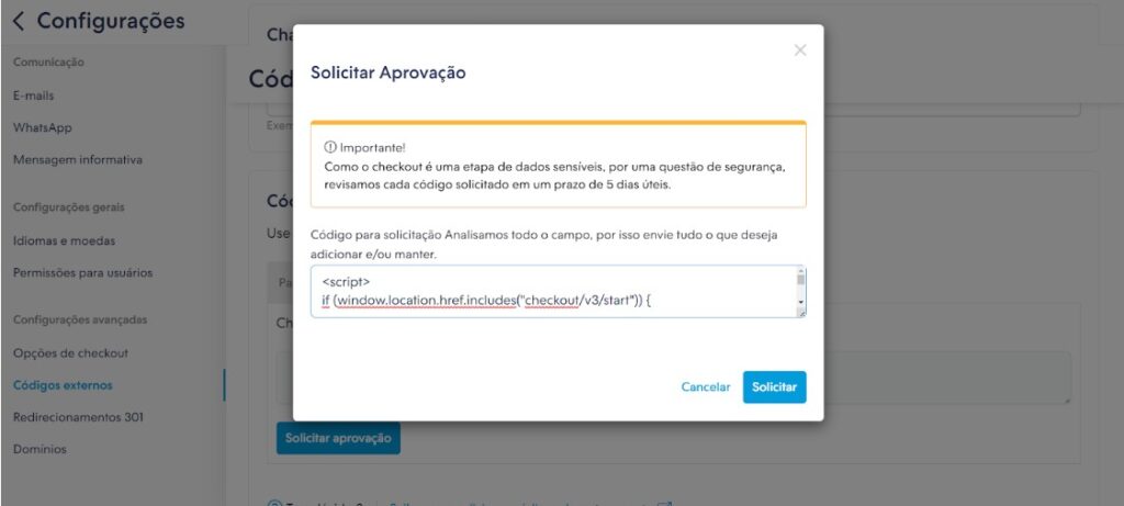 Nuvemshop painel - códigos externos - aprovação