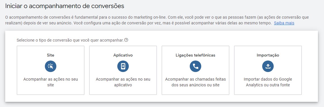 opções de tag de conversão do Google Ads