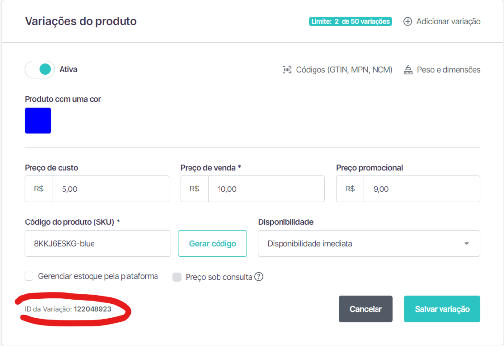 Código da variação do produto na Loja Integrada